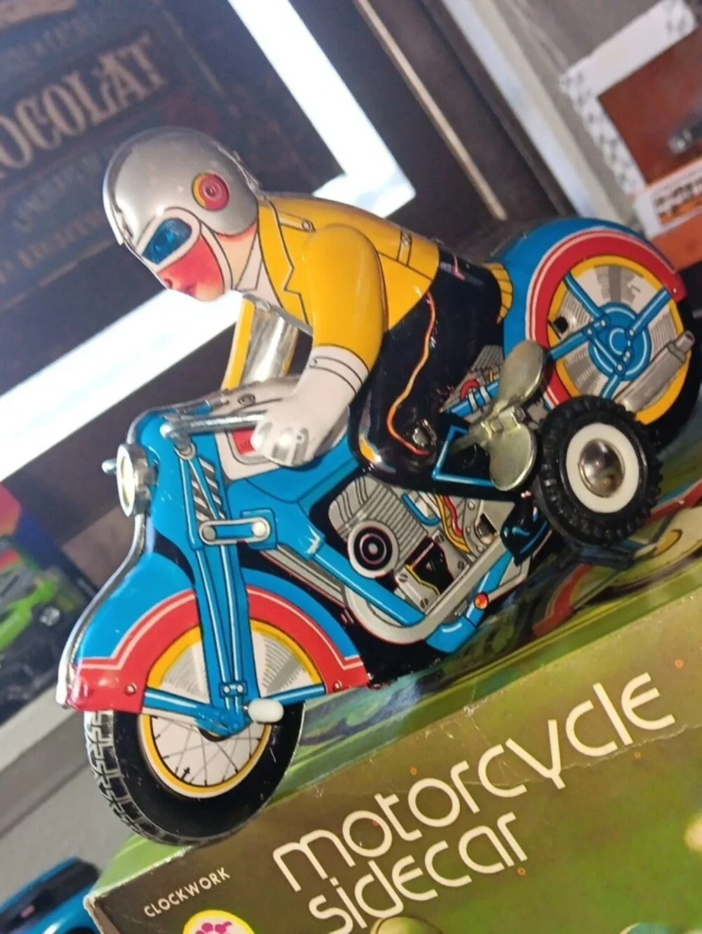 Vintage-Style Motorcycle Sidecar Toy - Blue, Yellow & White with original box